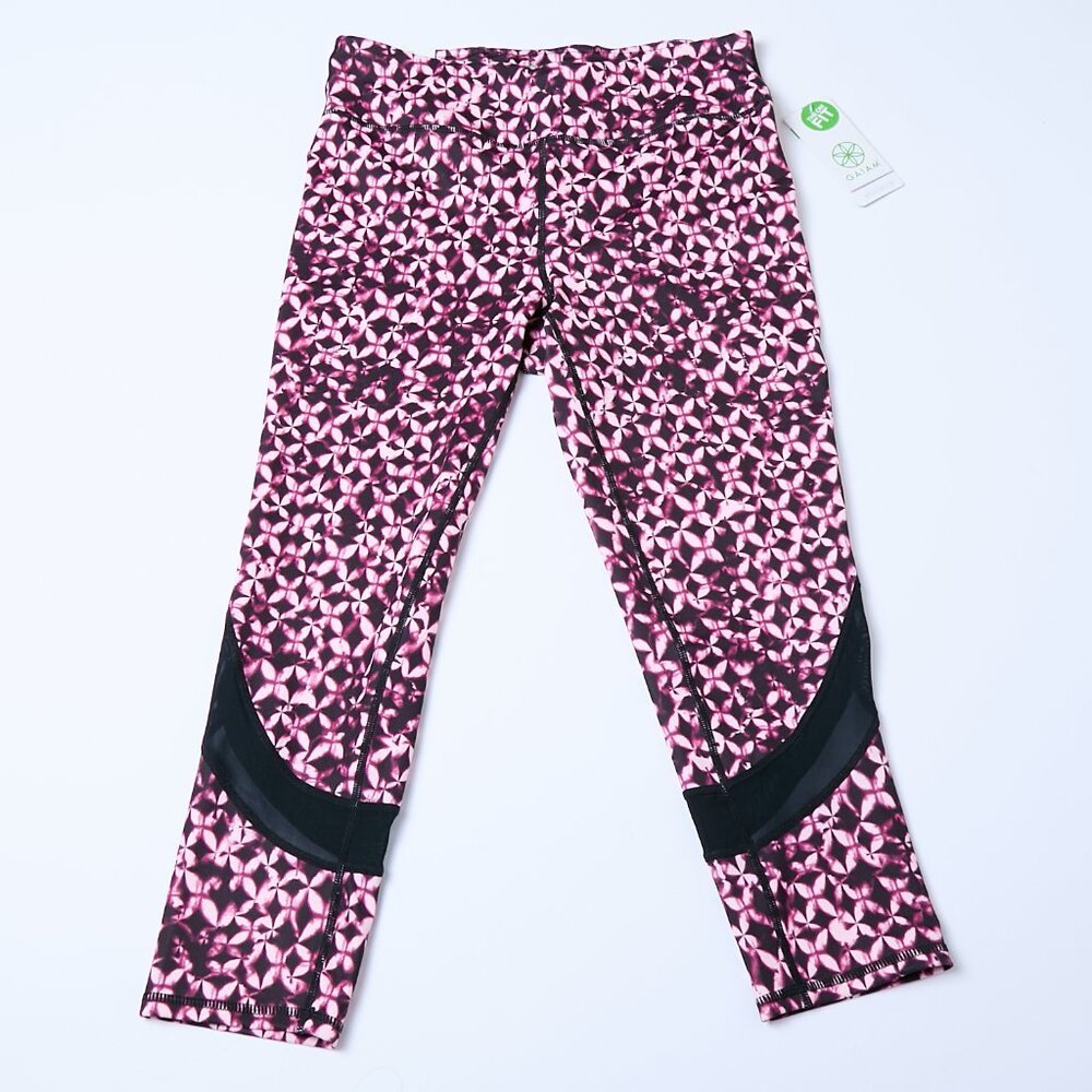 GAIAM NWT On Mesh Capri Celeste Yoga Leggings Abstract Print Black Pink Medium